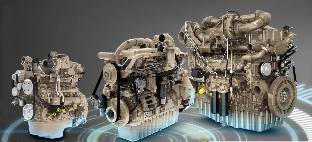 Tres motores diesel industriales John Deere de 3, 4 y 6 cilindros ordenados de menor a mayor cilindrada